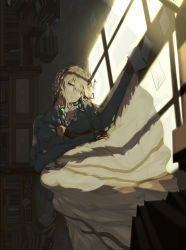 Rule 34 | 10s, 1girl, absurdres, blonde hair, blue eyes, blue jacket, book, bookshelf, braid, braided bun, brooch, brown gloves, caomei-pang ci, commentary, dark room, envelope, gloves, hair between eyes, hair bun, hair intakes, hair ribbon, highres, jacket, jewelry, letter, light rays, long skirt, lying, on floor, on side, red ribbon, ribbon, skirt, solo, violet evergarden, violet evergarden (series), white skirt