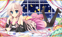 Rule 34 | 1girl, bare shoulders, bed, black socks, blonde hair, blue eyes, blush, braid, breasts, card, cleavage, curtains, frilled pillow, frills, heart, heart-shaped pillow, ia (vocaloid), kneehighs, kukan, long hair, looking at viewer, lying, no shoes, off shoulder, pillow, playing card, ribbon, skirt, smile, socks, star (sky), star (symbol), thighhighs, twin braids, vocaloid, window