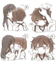 Rule 34 | 10s, 2girls, akagi (kancolle), blush, closed eyes, hair ribbon, hand on another&#039;s head, hands on another&#039;s face, headpat, heart, holding another&#039;s wrist, ina (1813576), japanese clothes, kaga (kancolle), kantai collection, long hair, monochrome, multiple girls, ribbon, side ponytail, smile, spoken heart, tasuki, yuri