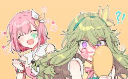 Rule 34 | 2girls, bow, bowtie, bracelet, buchu14569590, butterfly hair ornament, closed eyes, detached sleeves, drawing on another&#039;s face, dress, green hair, green hairband, green vest, hair ornament, hairband, hand mirror, jewelry, kusanagi nene, looking at mirror, mirror, multiple girls, ootori emu, pink bow, pink bowtie, pink dress, pink hair, project sekai, puffy short sleeves, puffy sleeves, purple eyes, short hair, short sleeves, sidelocks, simple background, upper body, vest, yellow background