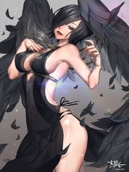 Rule 34 | 1girl, armpits, artist name, bad id, bad pixiv id, bare arms, bare shoulders, black desert, black dress, black feathers, black hair, black panties, black theme, black wings, breasts, cleavage, covered navel, cowboy shot, dress, eple, feathered wings, feathers, fingernails, from side, green eyes, hair over one eye, head tilt, large breasts, long fingernails, looking at viewer, nail polish, no bra, original, panties, parted lips, red lips, see-through, shiny skin, short hair, sideboob, signature, silver nails, solo, sorcerer (black desert), standing, underwear, wings