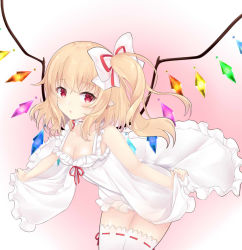 Rule 34 | 1girl, :o, alternate costume, bad id, bad pixiv id, bare arms, bare shoulders, blonde hair, bow, breasts, cleavage, collar, collarbone, cowboy shot, dress, dress shirt, earrings, flandre scarlet, frilled collar, frills, gradient background, hair bow, hair ribbon, jewelry, leaning forward, lifted by self, long hair, looking at viewer, neck ribbon, one side up, pink background, pointy ears, red eyes, red ribbon, ribbon, ribbon-trimmed legwear, ribbon trim, shirt, small breasts, solo, thighhighs, tosakaoil, touhou, white bow, white dress, white thighhighs, wings