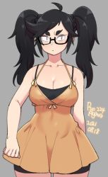 Rule 34 | 1girl, agawa ryou, ahoge, arm behind leg, artist name, bare shoulders, bike shorts, black-framed eyewear, black hair, bow, breasts, cleavage, collarbone, commentary, cowboy shot, dated, dress, english commentary, grey background, halterneck, large breasts, light frown, long hair, looking to the side, mikame tsuruko, numbered, orange dress, original, sanpaku, semi-rimless eyewear, shorts under dress, sidelocks, simple background, solo, swept bangs, thick eyebrows, tsurime, twintails, wide hips, yellow bow