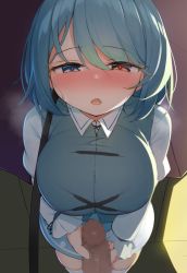Rule 34 | 1boy, 1girl, bad id, bad pixiv id, blue eyes, blue hair, blue skirt, blue vest, blush, breasts, censored, collared shirt, commentary request, eyes visible through hair, floor, grey shirt, grey thighhighs, hair between eyes, hand up, hetero, heterochromia, juliet sleeves, large breasts, long sleeves, looking at viewer, miniskirt, mosaic censoring, open mouth, paid reward available, penis, piyodesu, puffy long sleeves, puffy sleeves, red eyes, shadow, shirt, short hair, skirt, standing, sweatdrop, tatara kogasa, thighhighs, touhou, umbrella, vest, wall