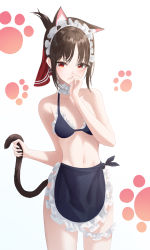 Rule 34 | 1girl, absurdres, animal ear fluff, animal ears, apron, bare arms, bare shoulders, bikini, breasts, brown hair, cat ears, cat tail, collarbone, commentary request, cosplay, covering own mouth, cowboy shot, frilled apron, frills, hand up, highres, holding tail, kaguya-sama wa kokurasetai ~tensai-tachi no renai zunousen~, looking at viewer, maid, maid bikini, maid headdress, navel, paw print, red eyes, shinomiya kaguya, small breasts, solo, standing, swimsuit, tada (pixiv41160771), tail, unconventional maid, white background