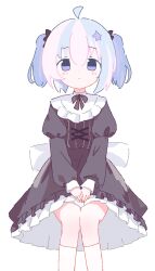 Rule 34 | 1girl, ahoge, black dress, blue archive, blue hair, blush, bow, dot mouth, dot nose, dress, frilled dress, frills, hair between eyes, hair bow, hair ornament, hands on lap, highres, long sleeves, looking at viewer, medium dress, medium hair, multicolored hair, neck ribbon, no pupils, own hands together, pink hair, purple eyes, reisa (blue archive), ribbon, sash, simple background, sitting, solo, star (symbol), star hair ornament, takahasi oso, tareme, twintails, two-tone hair, white background