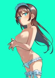 Rule 34 | 1girl, absurdres, aqua background, aqua eyes, arched back, bikini, bikini bottom only, blue bikini, blue bow, blush, bow, breasts, bridal garter, bright pupils, brown hair, closed mouth, collarbone, cowboy shot, fingers together, frilled bikini, frills, from side, goe (g-o-e), groin, hair between eyes, hair ornament, hands up, highres, kagura hikari, long hair, looking at viewer, looking to the side, lowleg, lowleg bikini, maid headdress, navel, nipples, nose blush, own hands together, plaid, plaid bikini, plaid bow, shoujo kageki revue starlight, sideways glance, simple background, small breasts, solo, sparkle hair ornament, standing, stomach, swimsuit, thigh bow, topless