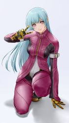 Rule 34 | 1girl, blue hair, bodysuit, breasts, gloves, highres, kula diamond, long hair, simple background, solo, squatting, the king of fighters, the king of fighters xiv, turtleneck, v, white background, x chitch