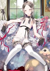 Rule 34 | 1boy, bulge, crossdressing, erection, erection under clothes, flower, frills, gloves, long hair, male focus, nightmare express, original, rose, sitting, solo, thighhighs, trap, white thighhighs, window