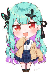 Rule 34 | 1girl, :d, blue bow, blue bowtie, blue skirt, blush, bow, bowtie, braid, brown cardigan, butterfly hair ornament, cardigan, chibi, collared shirt, commentary request, full body, gradient hair, green hair, hair ornament, hand up, happy, highres, hololive, long hair, long sleeves, looking at viewer, multicolored hair, open cardigan, open clothes, open mouth, plaid, plaid bow, plaid bowtie, plaid skirt, pleated skirt, purple hair, red eyes, school uniform, shirt, shirt tucked in, signature, simple background, skirt, sleeves past fingers, sleeves past wrists, smile, solo, standing, uruha rushia, uruha rushia (school uniform), usagi koushaku, very long hair, virtual youtuber, white background, white shirt