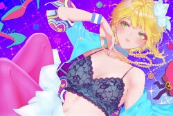 Rule 34 | 1girl, black bra, blonde hair, blue choker, blue jacket, blush, bra, breasts, choker, expressionless, green eyes, high heels, highres, hukka (hukka ready), idolmaster, idolmaster cinderella girls, jacket, jewelry, lace, lace bra, looking to the side, miyamoto frederica, necklace, open clothes, open jacket, pantyhose, pearl necklace, pink pantyhose, shoes, short hair, skirt, small breasts, solo, underwear, unworn shoes, white skirt, wristband