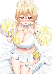 Rule 34 | 1girl, ahoge, alternate costume, alternate hairstyle, bare shoulders, bed sheet, blonde hair, blue archive, blush, braid, breasts, cheerleader, cleavage, collarbone, crop top, curvy, unworn eyewear, halo, highres, huge breasts, kotori (blue archive), kotori (cheer squad) (blue archive), large breasts, looking at viewer, midriff, millennium cheerleader outfit (blue archive), navel, nose blush, open mouth, pom pom (cheerleading), red eyes, seiza, simple background, sitting, skirt, smile, solo, sweat, thick thighs, thigh strap, thighs, white background, yue (show-ei)