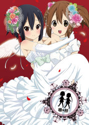 Rule 34 | 2girls, :d, alternate hairstyle, bare shoulders, black hair, blush, bow, brown hair, carrying, choker, cover, cover page, dress, elbow gloves, flower, gloves, hair flower, hair ornament, hirasawa yui, k-on!, looking at viewer, looking back, multiple girls, nakano azusa, official style, open mouth, petals, princess carry, ragho no erika, red background, red eyes, ribbon choker, round teeth, short hair, side ponytail, simple background, smile, teeth, wedding dress, white gloves, wife and wife, winds, wings, yuri