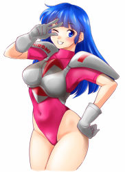 Rule 34 | 1girl, absurdres, blue eyes, blue hair, burning force, character name, clothes writing, commentary request, cowboy shot, gloves, grin, hand on own hip, highres, leotard, long hair, looking at viewer, namco, nanao futaba, pink leotard, simple background, smile, solo, tengenji hiromi, v over eye, white background, white gloves