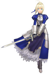 Rule 34 | 00s, 1girl, armor, armored dress, artoria pendragon (fate), blonde hair, caliburn (fate), dress, fate/stay night, fate (series), faulds, gauntlets, puffy sleeves, saber (fate), sakamoto mineji, solo, sword, weapon