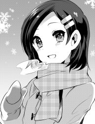 Rule 34 | 10s, 1girl, black hair, breath, buttons, coat, gloves, greyscale, hair ornament, hairclip, highres, kantai collection, kuroshio (kancolle), looking at viewer, monochrome, open mouth, scarf, short hair, smile, snow, snowflakes, solo, steam, upper body, winter, zinpati