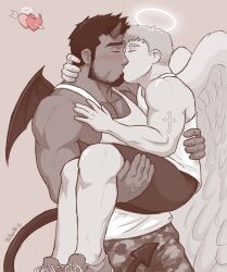 Rule 34 | 2boys, absurdres, angel and devil, bara, beard, blank page drawings, blush, camouflage, camouflage pants, carrying, chest hair, couple, cross tattoo, demon boy, demon horns, demon tail, demon wings, facial hair, feathered wings, feet out of frame, halo, highres, horns, interspecies, kiss, large pectorals, long sideburns, male focus, mature male, monochrome, multiple boys, muscular, muscular male, original, pants, pectoral cleavage, pectorals, princess carry, shoes, short hair, shorts, sideburns, sidepec, sneakers, tail, tank top, thick eyebrows, white tank top, wings