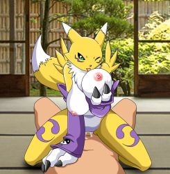 Rule 34 | animal ears, black sclera, blue eyes, breast hold, breast lift, breasts, colored sclera, cum, cum in pussy, digimon, digimon (creature), fox, fox ears, fox tail, furry, girl on top, highres, large breasts, licking breast, nipples, one eye closed, renamon, tail, wink, yellow fur