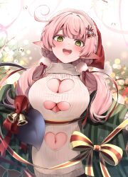 Rule 34 | 1girl, :d, absurdres, ahoge, bell, blush, bow, breasts, christmas, cleavage, cleavage cutout, clothing cutout, commentary request, hair bow, heart cutout, highres, large breasts, low twintails, narushima kanna, navel, navel cutout, open mouth, original, pink hair, pointy ears, red bow, sleeveless, sleeveless turtleneck, smile, solo, teeth, turtleneck, twintails, upper teeth only