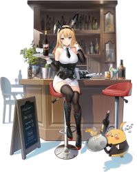 Rule 34 | 1girl, animal ears, astoria (azur lane), astoria (black bunny carnival) (azur lane), azur lane, bare shoulders, black bow, black corset, black footwear, black necktie, black thighhighs, blonde hair, blue eyes, boots, bottle, bow, breasts, buttons, corset, cross-laced footwear, detached sleeves, double-breasted, fake animal ears, hand in own hair, highres, holding, holding tray, knee boots, lace-up boots, large breasts, looking at viewer, manjuu (azur lane), miniskirt, necktie, official alternate costume, official art, rabbit ears, shirt, sitting, skirt, solo, thighhighs, transparent background, tray, vilor, white shirt, white skirt, wine bottle