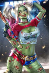 Rule 34 | 1girl, ayya sap, baseball bat, blood, breasts, choker, cleavage, cleavage cutout, clothing cutout, colored skin, dc comics, fingerless gloves, fishnet pantyhose, fishnets, gloves, green skin, harley quinn, large breasts, midriff, multicolored hair, navel, pantyhose, pantyhose under shorts, short shorts, shorts, tattoo, tongue, tongue out, torn clothes, twintails, zombie
