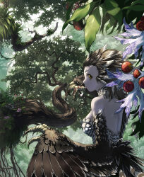 Rule 34 | 1girl, animal hands, ater9, back, bare shoulders, bird tail, breasts, brown feathers, brown hair, brown wings, claws, feather hair, feathered wings, feathers, food, forest, fruit, harpy, highres, licking, licking hand, looking at viewer, medium breasts, monster girl, nature, original, scales, scenery, sideboob, solo, tail, tongue, tongue out, winged arms, wings, yellow eyes