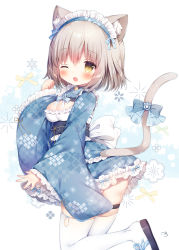 Rule 34 | 1girl, absurdres, animal ear fluff, animal ears, bell, blue kimono, blush, breasts, brown eyes, brown hair, cat ears, cat tail, choker, cleavage, cleavage cutout, clothing cutout, guild cq, hand to own mouth, highres, itou yuna, japanese clothes, jingle bell, kimono, leg up, maid headdress, momozu komamochi, obi, one eye closed, sandals, sash, short hair, smile, standing, standing on one leg, tail, thigh strap, thighhighs, thighs, virtual youtuber, white thighhighs