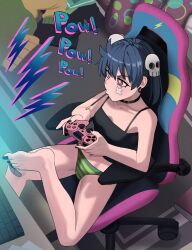 Rule 34 | 1girl, bare arms, bare legs, bare shoulders, barefoot, black camisole, black hair, black nails, blush, camisole, chair, closed mouth, commentary, controller, crop top, crossed bandaids, desk, english commentary, food, food in mouth, game controller, green panties, hair between eyes, hair ornament, highres, holding, indoors, ji-yoon (jourd4n), jourd4n, keyboard (computer), looking away, mouth hold, nail polish, office chair, on chair, original, panties, pocky, purple eyes, sitting, skull hair ornament, solo, striped clothes, striped panties, swivel chair, toenail polish, toenails, twintails, underwear, underwear only
