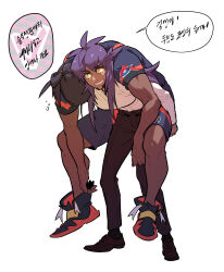 Rule 34 | 2boys, absurdres, black footwear, black pants, carrying, commentary, creatures (company), dark-skinned male, dark skin, eyelashes, game freak, grin, highres, knees, korean text, leon (pokemon), long hair, looking at viewer, male focus, multiple boys, nintendo, pants, pokemon, pokemon swsh, purple hair, raihan (pokemon), redlhzz, shirt, shoes, short sleeves, shorts, simple background, smile, speech bubble, symbol-only commentary, teeth, translation request, white background, white shirt, yellow eyes