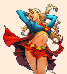 Rule 34 | 1girl, arms up, belt, blonde hair, blue eyes, breasts, cape, dc comics, grin, legs, lipstick, long hair, makeup, midriff, navel, red cape, red skirt, skirt, smile, solo, standing, supergirl