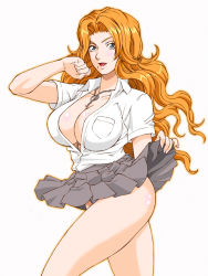 Rule 34 | 1girl, bleach, blonde hair, blue eyes, breasts, chain, cleavage, clenched hand, clothes lift, female focus, happy, highres, large breasts, legs, long hair, looking at viewer, matsumoto rangiku, mole, open mouth, panties, pantyshot, ranzuki, rippadou, school uniform, simple background, skirt, skirt lift, smile, solo, standing, thighs, underwear, white background