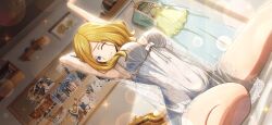 Rule 34 | 1girl, armpits, arms up, artist request, bedroom, blonde hair, blue eyes, blue jacket, blue skirt, book, bookshelf, bow, bow panties, breasts, closed mouth, clothes hanger, code geass, code geass: lost stories, corkboard, dutch angle, female focus, game cg, half-closed eye, happy, indoors, jacket, lace trim, large breasts, lens flare, lingerie, long sleeves, looking at viewer, medium hair, milly ashford, navel, negligee, non-web source, official art, on bed, one eye closed, panties, parted bangs, photo (object), see-through, shelf, shirt, sidelocks, sitting, skirt, smile, solo, sparkle, split mouth, stomach, stretching, thighs, underwear, unworn jacket, unworn shirt, unworn skirt, waking up, white bow, white panties, yellow shirt