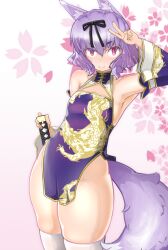Rule 34 | 1girl, animal ears, black ribbon, blush, breasts, china dress, chinese clothes, cleavage cutout, clothing cutout, collarbone, detached sleeves, dragon print, dress, floral background, fox ears, fox girl, fox tail, hair ribbon, highres, holding, katana, long sleeves, looking at viewer, no panties, pink background, pink eyes, print dress, purple dress, purple hair, ribbon, short dress, short hair, sleeveless, sleeveless dress, small breasts, smile, standing, sword, taii (tng1014), tail, thighhighs, v, weapon, white thighhighs