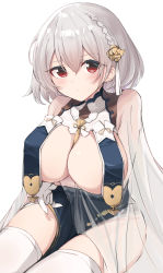 Rule 34 | 1girl, absurdres, azur lane, between breasts, blunt bangs, bow, braid, braided bangs, breasts, closed mouth, gloves, hair between eyes, hair ornament, highres, large breasts, light blush, looking at viewer, misonikomi, official alternate costume, red eyes, see-through, short hair, silver hair, sirius (azur lane), sirius (azure horizons) (azur lane), sirius (warship girls r), sitting, thighhighs, thighs, white background, white gloves, zettai ryouiki