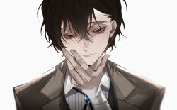 Rule 34 | 1boy, bandaged arm, bandages, black eyes, black hair, black necktie, brown jacket, brown suit, bungou stray dogs, closed mouth, collared shirt, dazai osamu (bungou stray dogs), expressionless, formal, hair between eyes, hand on own cheek, hand on own chin, hand on own face, highres, jacket, light smile, looking at viewer, male focus, necktie, shirt, short hair, sidelocks, simple background, solo, suit, upper body, user wjpu7573, white background, white shirt