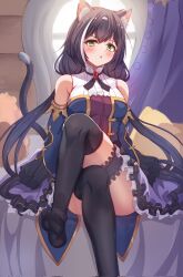 Rule 34 | 1girl, animal ear fluff, animal ears, bed, bed sheet, bedroom, black hair, black thighhighs, blue dress, blue sleeves, blush, breasts, brooch, cat ears, cat girl, cat tail, commentary, craig (2980ct), crossed legs, curtains, dress, frilled dress, frills, gem, green eyes, hair between eyes, highres, indoors, jewelry, karyl (princess connect!), low twintails, medium breasts, multicolored clothes, multicolored dress, multicolored hair, neck ribbon, on bed, open mouth, pillow, princess connect!, purple dress, red gemstone, ribbon, sitting, solo, streaked hair, tail, thigh strap, thighhighs, twintails, white hair, wide sleeves, window