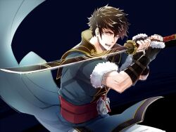 Rule 34 | 1boy, black hair, fire emblem, fire emblem awakening, fur trim, holding, holding sword, holding weapon, katana, lon&#039;qu (fire emblem), looking at viewer, male focus, mamegohan, nintendo, open mouth, short hair, solo, sword, upper body, weapon, white fur