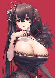 Rule 34 | 1girl, ahoge, azur lane, bare shoulders, black dress, black hair, blush, breasts, choker, cleavage, collarbone, commentary request, crossed bangs, dress, flower, hair between eyes, hair flower, hair ornament, hair ribbon, hand up, highres, huge breasts, itaco, lace, lace-trimmed dress, lace trim, long hair, looking at viewer, open mouth, parted lips, red background, red eyes, red flower, red ribbon, ribbon, simple background, sleeveless, smile, solo, strap pull, striped, taihou (azur lane), taihou (muse) (azur lane), twintails, upper body, very long hair