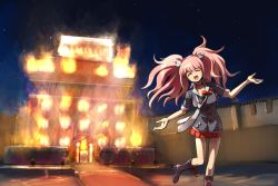 Rule 34 | 1girl, bear hair ornament, black choker, blue eyes, boots, breasts, building, burning, burning building, choker, cleavage, closed eyes, collarbone, commentary request, danganronpa: trigger happy havoc, danganronpa (series), enoshima junko, fire, hair ornament, knee boots, long hair, medium breasts, messy hair, necktie, night, night sky, open mouth, outstretched arms, pink hair, pleated skirt, red skirt, short sleeves, skirt, sky, sleeves rolled up, smile, solo, spoilers, star (sky), starry sky, twintails, wall, youko-shima