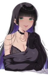 Rule 34 | 1girl, absurdres, arm support, barbell piercing, black bra, black dress, black hair, black wristband, blush, bocchi the rock!, bra, bra peek, breasts, chin piercing, cleavage, collar, collarbone, dress, ear piercing, earclip, earrings, forked tongue, frilled bra, frills, green eyes, highres, hime cut, industrial piercing, jewelry, lace, lace bra, large breasts, long hair, long sleeves, looking at viewer, micchan (micchanmeido), multicolored hair, multiple earrings, off-shoulder dress, off shoulder, pa-san, piercing, purple hair, simple background, solo, tongue, tongue out, twitter username, underwear, upper body, white background