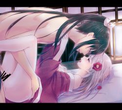 Rule 34 | 10s, 1boy, 1girl, androgynous, bed, black hair, blush, censored, clothed sex, clothes, eye contact, female saniwa (touken ranbu), flower, from side, hair flower, hair ornament, hetero, indoors, japanese clothes, kimono, legs up, long hair, looking at another, lying, mika mikan, missionary, moaning, on back, open mouth, penis, ponytail, profile, pussy juice, red eyes, saniwa (touken ranbu), sex, silver hair, tarou tachi, tears, tongue, torso grab, touken ranbu, vaginal