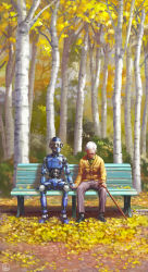 Rule 34 | 1boy, absurdres, autumn leaves, bench, brick road, bush, cane, closed eyes, head down, highres, holding, holding cane, holding hands, interlocked fingers, kosian, looking down, old, old man, on bench, original, pants, robot, science fiction, shoes, signature, sitting, sweater, tree, white hair, yellow leaves