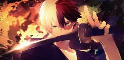 Rule 34 | 1boy, black kimono, blue eyes, boku no hero academia, burn scar, collarbone, commentary request, covered mouth, grey eyes, hand up, heterochromia, highres, holding, holding sword, holding weapon, japanese clothes, katana, kimono, looking at viewer, male focus, multicolored hair, red hair, ryo (piggerworld), scar, short hair, solo, sword, todoroki shouto, two-tone hair, weapon, white hair