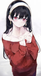 Rule 34 | 1girl, absurdres, bare shoulders, black hair, blush, collarbone, earrings, hairband, highres, jewelry, long hair, long sleeves, mile (off8mile), off shoulder, red eyes, red sweater, smile, spy x family, sweater, yor briar