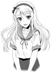 Rule 34 | 1girl, asymmetrical bangs, bow, collarbone, commentary request, greyscale, hairband, kantai collection, kyogoku shin, long hair, looking at viewer, monochrome, open mouth, pleated skirt, sagiri (kancolle), sailor collar, school uniform, serafuku, short sleeves, simple background, skirt, solo, swept bangs, tareme