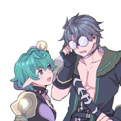 Rule 34 | 1boy, 1girl, belt, breasts, chest jewel, coat, fingerless gloves, glasses, gloves, green hair, grey hair, hat, lobsterbaby99, mini hat, mini top hat, multiple belts, opaque glasses, open clothes, open coat, open mouth, pandoria (xenoblade), pectorals, pointy ears, round eyewear, short hair, teeth, top hat, upper body, upper teeth only, xenoblade chronicles (series), xenoblade chronicles 2, zeke von genbu (xenoblade)