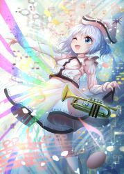 Rule 34 | 1girl, ;d, abstract background, beamed eighth notes, blue eyes, blue hair, blurry, blurry background, clothes lift, commentary request, cropped legs, eighth note, floating, hat, highres, instrument, juliet sleeves, kayon (touzoku), leaning back, levitation, lifted by self, light blue hair, long sleeves, looking up, merlin prismriver, musical note, one eye closed, one side up, open mouth, outstretched arm, pink hat, pink shirt, pink skirt, puffy sleeves, quarter note, shirt, skirt, skirt lift, smile, solo, sparkle, staff (music), sun symbol, touhou, trumpet