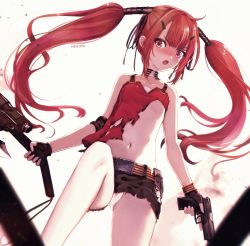 Rule 34 | 1girl, artist name, axe, bare shoulders, belt, belt buckle, black gloves, black ribbon, black skirt, blurry, blurry foreground, blush, brown belt, buckle, camisole, collarbone, commentary request, crotch seam, cz75 (girls&#039; frontline), cz 75, depth of field, fingerless gloves, girls&#039; frontline, gloves, gun, hair ornament, hair ribbon, hairclip, handgun, highres, holding, holding gun, holding weapon, long hair, looking at viewer, nekoya (liu), open mouth, panties, red camisole, red eyes, red hair, revision, ribbon, round teeth, scope, sidelocks, skirt, solo, teeth, tomahawk, torn clothes, torn skirt, twintails, underwear, upper teeth only, v-shaped eyebrows, very long hair, weapon, white panties