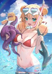 Rule 34 | 1girl, :d, absurdres, akai haato, animal, aqua eyes, bikini, blonde hair, blue shorts, blush, breasts, cleavage, cloud, cloudy sky, collarbone, commentary request, day, double bun, fish, haaton (akai haato), hair between eyes, hair bun, hair ornament, hair ribbon, heart, heart-shaped eyewear, heart hair ornament, highres, holding, holding animal, holding fish, hololive, ichihachiyon, long hair, looking at viewer, medium breasts, micro shorts, nail polish, navel, ocean, octopus, open mouth, outdoors, pink nails, red bikini, red ribbon, ribbon, shark, shorts, sky, smile, snorkel, standing, stomach, string bikini, swimsuit, virtual youtuber, wading, water