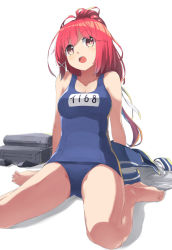 Rule 34 | 10s, 1girl, ahoge, arm support, bare legs, bare shoulders, barefoot, blush, breasts, hair ribbon, i-168 (kancolle), kantai collection, long hair, one-piece swimsuit, open mouth, ponytail, red eyes, red hair, ribbon, sailor collar, school swimsuit, unworn shirt, simple background, sitting, smile, solo, swimsuit, touboku, undressing, wariza